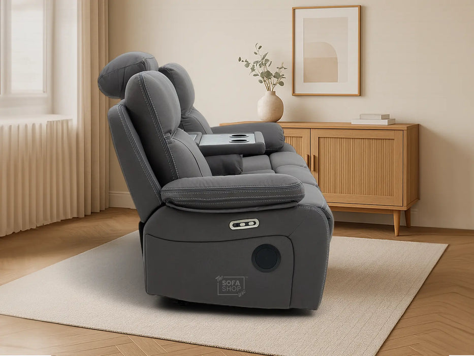 3 Seat Electric Recliner Home Cinema Theatre Sofa | Fabric Couch In Grey + Cupholders + Table + Power + USB + Speakers | Vinsonova | The Sofa Shop