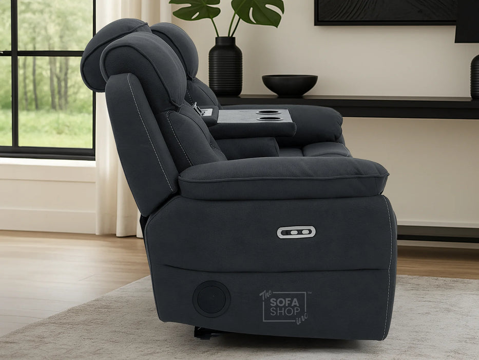 3 Seat Electric Recliner Home Cinema Sofa | Fabric Couch In Charcoal Grey | Hi-Tech Sofa with Massage + Cupholders + Table + Power Headrests + Speakers | Florence