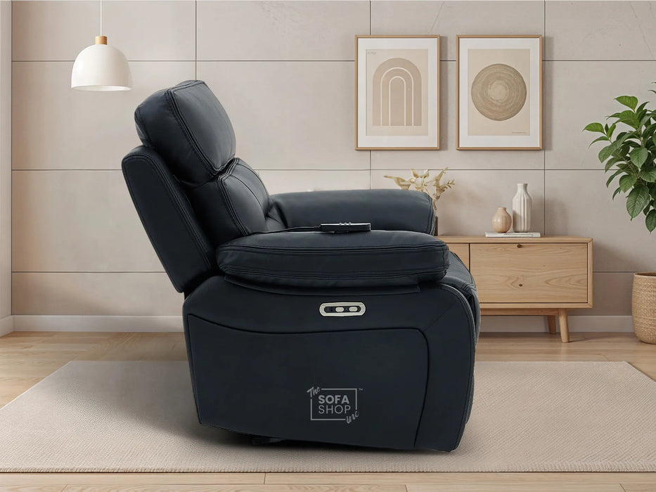 Electric Recliner Chair In Black Real Leather | Hi-Tech Cinema Seat with Power Headrest, Massage, Power Recliner & USB-C Ports | Sicily
