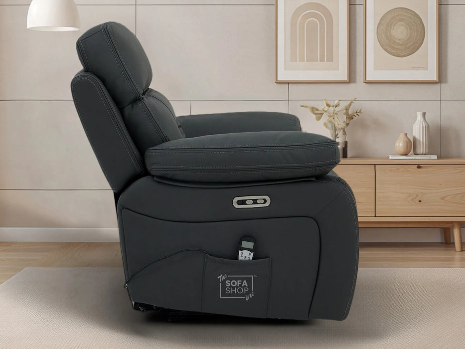 Electric Recliner Chair In Grey Real Leather | Hi-Tech Cinema Seat with Power Headrest, Massage, Power Recliner & USB Charging Button | Grey Real Leather | Sicily