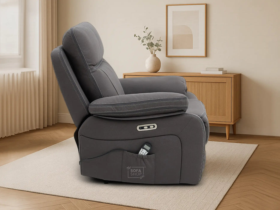 1 Seat Electric Recliner Chair Home Cinema Sofa | Hi-Tech Chair In Grey Fabric with Side Pocket + USB + Massage | Vinsonova