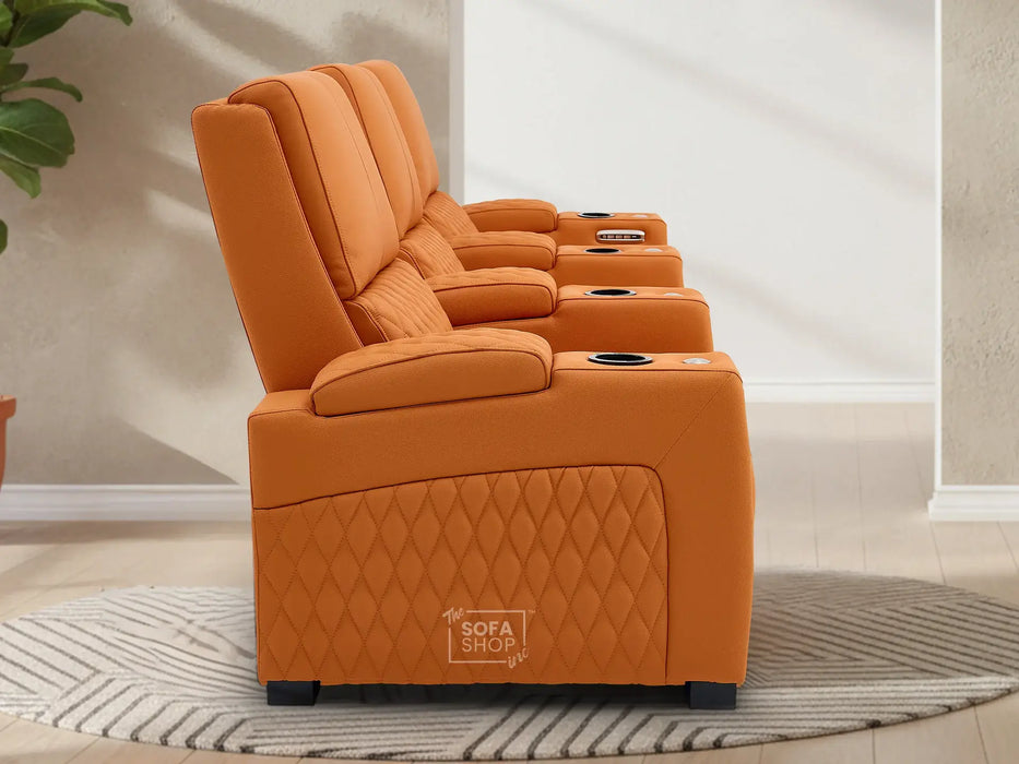 3 Seat Real Leather Electric Recliner Home Cinema Theatre Sofa In Orange | Keep Drinks Chilled in Cooling Cup Holders & Lumbar Support | Assisi