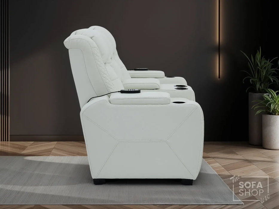 2 Seater Real Leather Electric Recliner Sofa with Cooler Cupholders, Massage, USB, Wireless Charging & Console | White Genuine Leather | Napoli