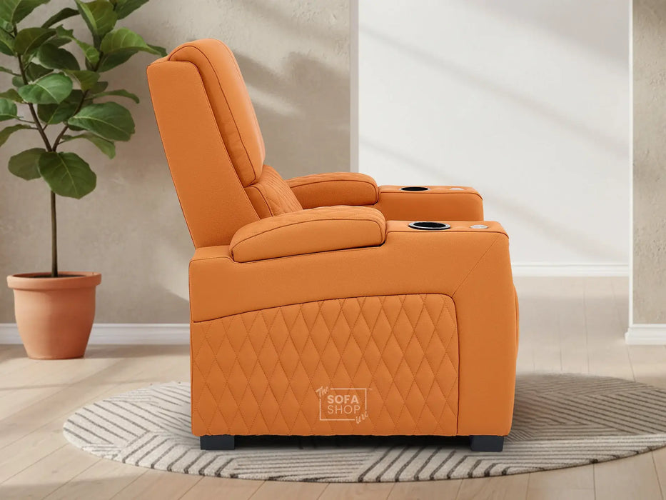 1 Seat Real Leather Electric Recliner Chair Home Cinema Sofa in Orange with LED Cup Holders + Compact, Space Saving Design & Lumbar Support | Assisi
