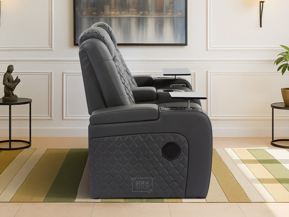 2 Seater Grey Real Leather Electric Recliner Cinema Sofa | Power Headrest, Bluetooth Speakers, Wireless Charging & Cooling Cup Holders | Milano | The Sofa Shop