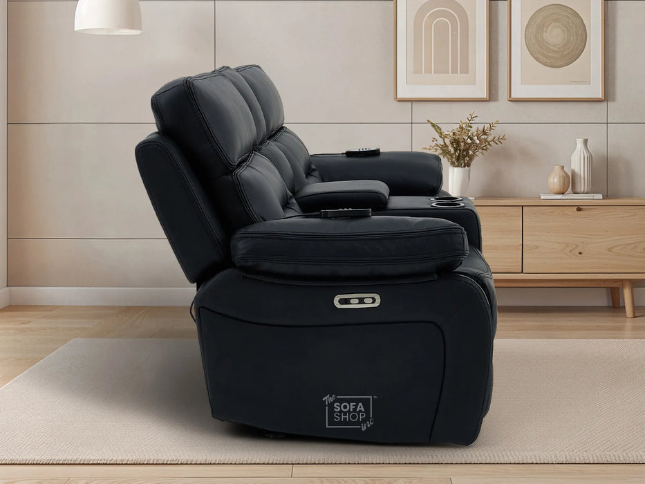2 Seater Electric Recliner Cinema Sofa in Black Real Leather | Hi-Tech Cinema Seats with Massage, Console, Power Headrest, Power Recliner, Storage Drawer & USB Ports | Sicily