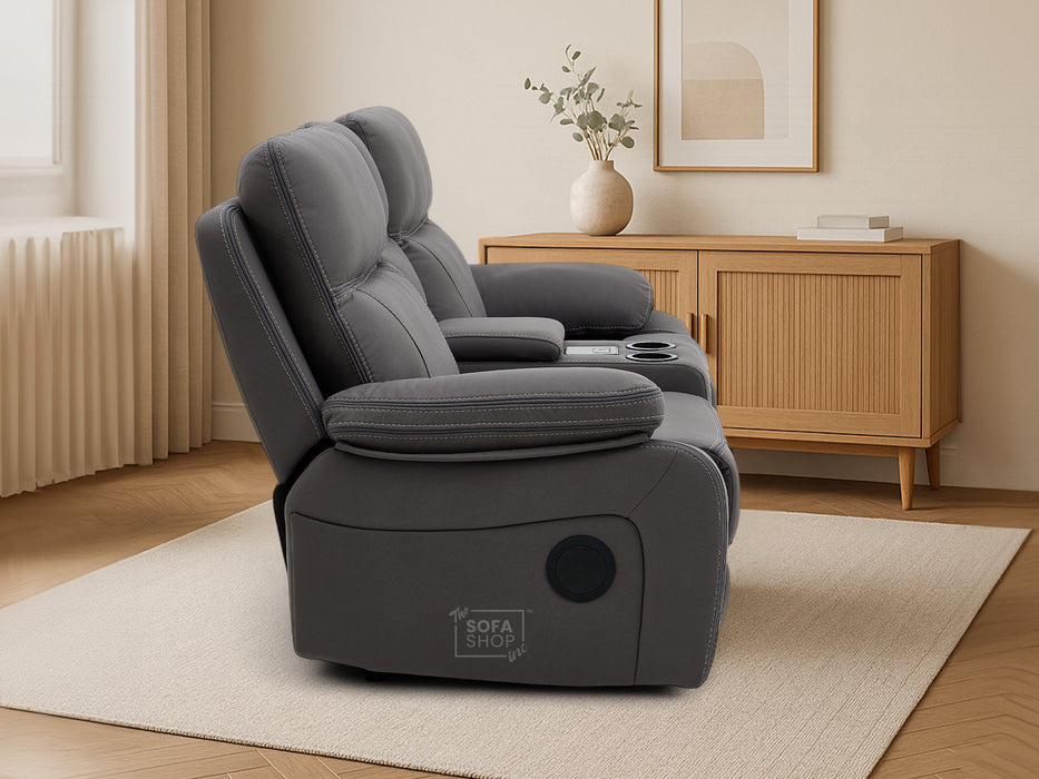 2 Seater Hi-Tech Sofa | Electric Recliner Home Cinema Seat in Grey Fabric with Chilled Cupholders + Console + Power Sockets + USB | Vinsonova Series one