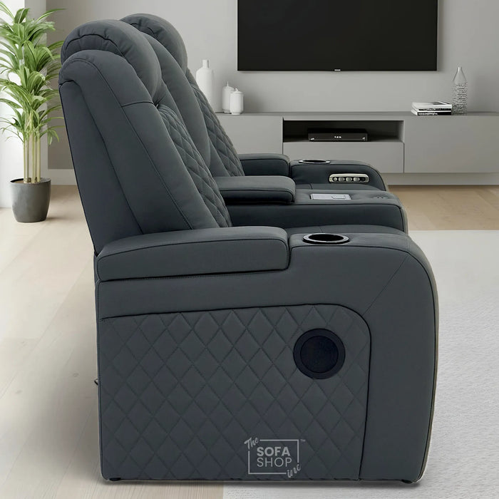 Grey Real Leather 2 Seater Electric Recliner Cinema Sofa | Power Lumbar, Speakers, Console, Wireless Charging & Cooling Cup Holders | Milano | The Sofa Shop