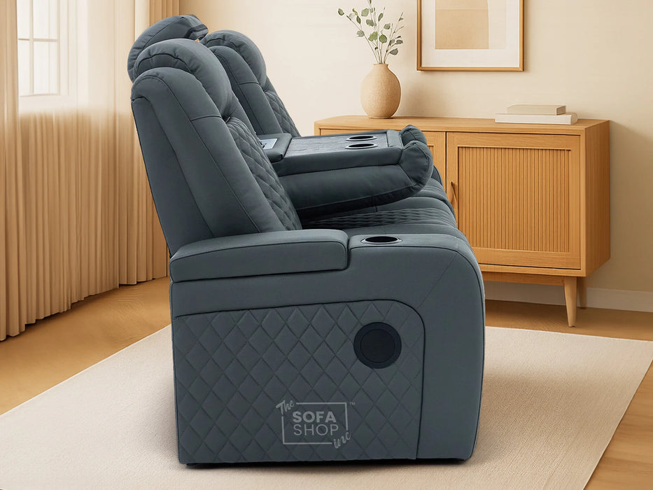 3 Seater Real Leather Electric Recliner Cinema Sofa in Grey | Hi-Tech Sofa with Adjustable Headrest, Lumbar Support, Wireless Charger | Milano | The Sofa Shop