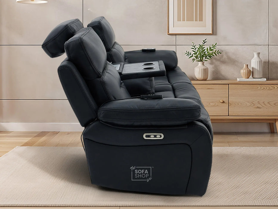 3+2 Electric Recliner Sofa Set in Black Real Leather | Hi-Tech Cinema Package with Massage, Drop-Down Table, Power Headrest, Power Recliner, Storage Drawer, USB & Wireless Charging | Sicily
