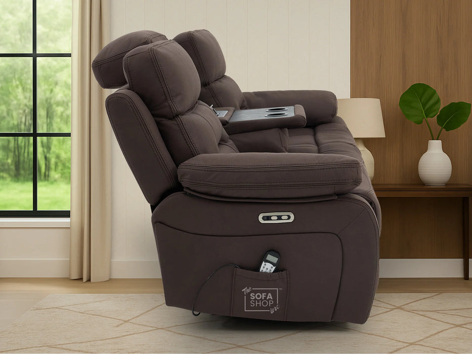 3+2 Electric Recliner Sofa Set in Brown Resillience Fabric | Hi-Tech Cinema Package with Massage, Drop-Down Table, Power Headrest, Power Recliner, Storage Drawer, USB & Wireless Charging | Sicily