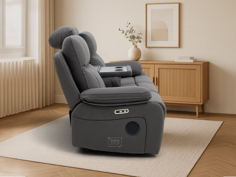 3 Seat Electric Recliner Home Cinema Theatre Sofa | Fabric Couch In Grey with Cupholders + Table + USB + Speakers | Vinsonova Series One