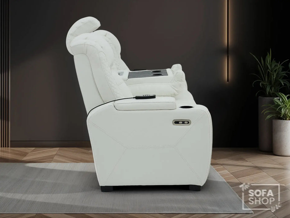 3 Seater Real Leather Electric Recliner Sofa with Fold-Down Table, Massage, USB, Storage & Cupholders | White Genuine Leather | Napoli