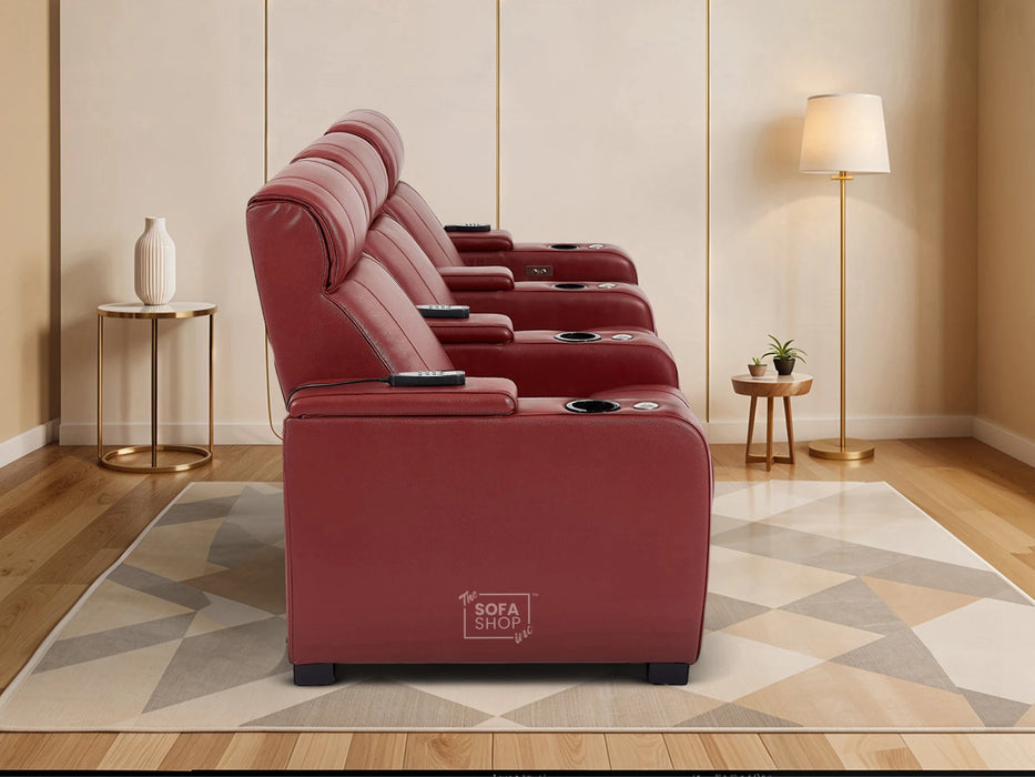 3 Seater Real Leather Electric Recliner Cinema Theatre Sofa in Red | Electric Recliner With Massage, Bluetooth & Cooling Cup Holders + Storage + Power | Rimini | The Sofa Shop
