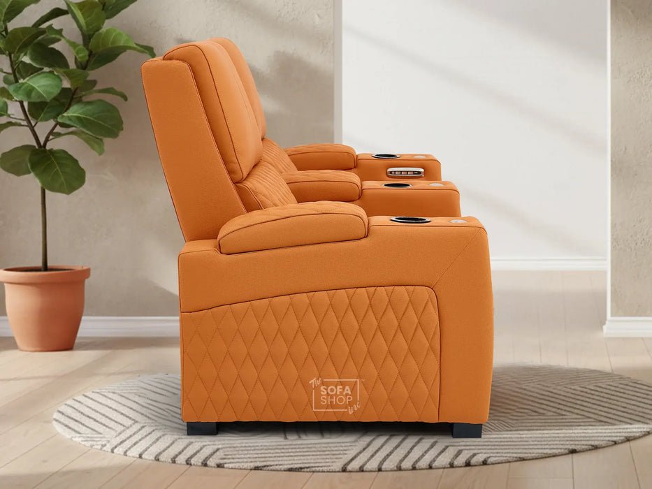 2 Seat Real Leather Electric Recliner Home Cinema Theatre Sofa In Orange with LED Underseat Glow + Electric Recline Mechanism & Lumbar Support | Assisi