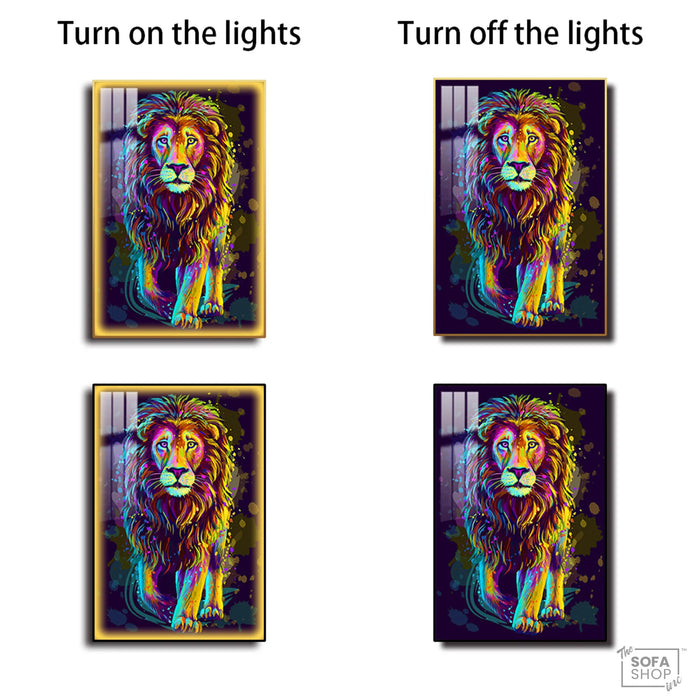 Colourful Lion LED Canvas 100 x 150 cm Vertical | Pop Art Wall Art With White Halo Glow + Remote & Plug Control + Crystal-Porcelain Finish + Gold Or Black Alloy Frame | The Sofa Shop