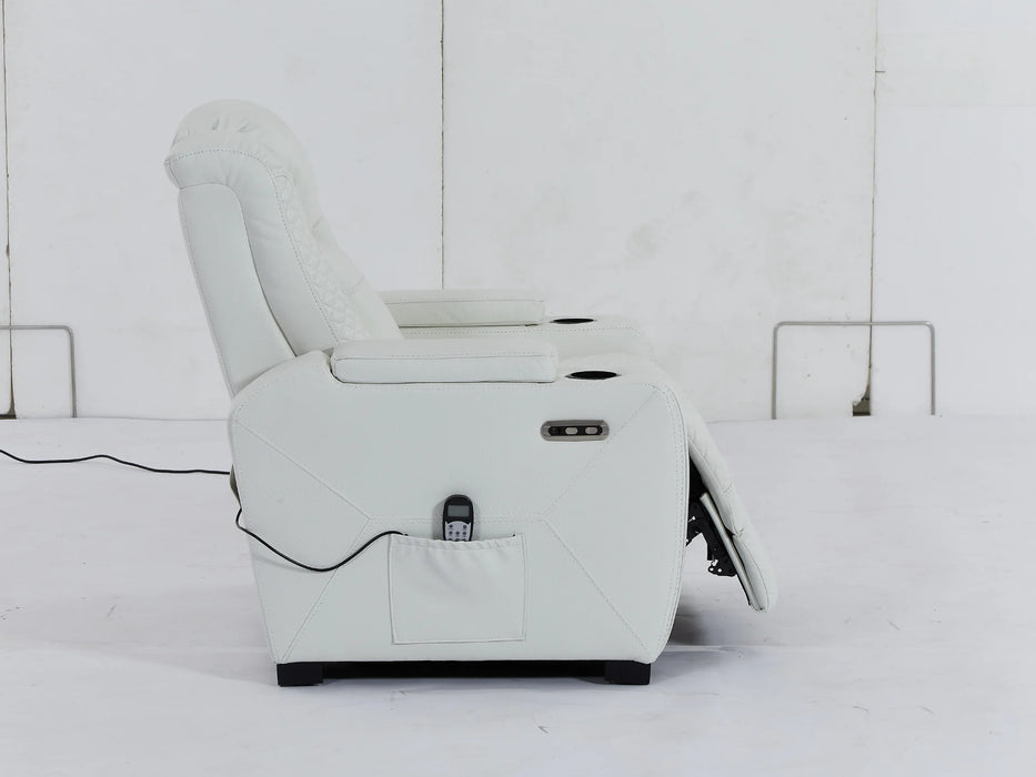 Electric Recliner Cinema Chair | Power Seat in White Real Leather with Massage + Power Headrest + Cup Holders + Storage Arms - Napoli - 29