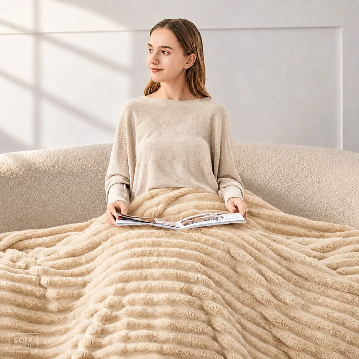 Chic Khaki Flannel Plush Blanket 150 x 200cm | Fluffy Warm Cosy Throw with Ultra-Soft Fleece + Machine Washable Care | Boston | Bed Sofa Couch Blanket | The Sofa Shop