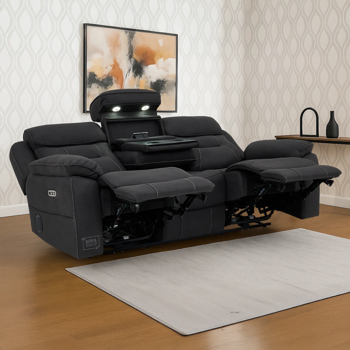 3 Seater Grey Fabric Electric Recliner Cinema Sofa | Bluetooth Speakers, USB-C & Power Headrest | Florence | The Sofa Shop