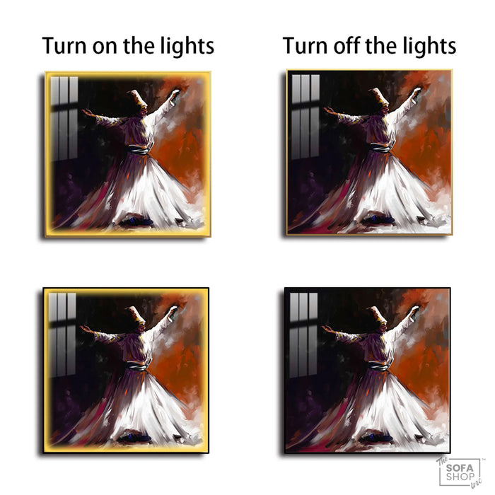 Sufi Whirling Dervish LED Canvas 100 x 100 cm | Islamic Wall Art With Radiant LED Backlighting + Crystal-Porcelain Finish + Gold Or Black Alloy Frame | The Sofa Shop