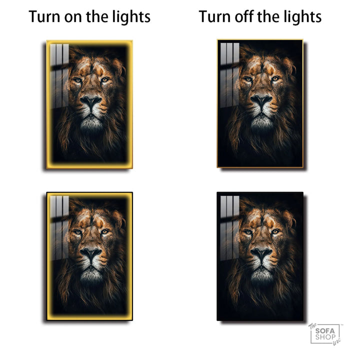 Majestic Lion LED Canvas 100 x 150 cm Vertical | Hyperrealistic Lion Head Portrait With Adjustable LED Backlighting + Crystal-Porcelain Finish + Gold Or Black Frame | The Sofa Shop