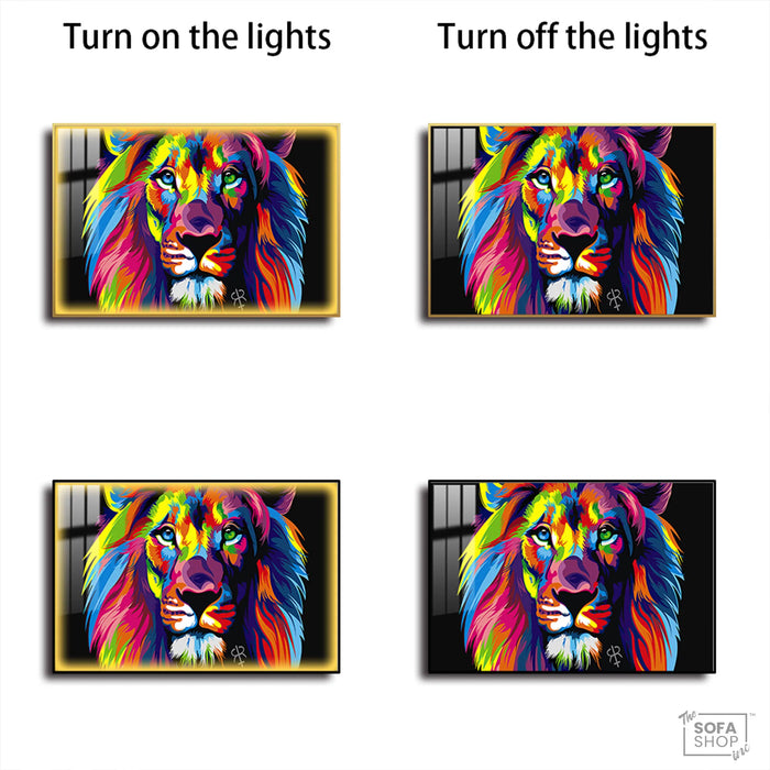 Colourful Lion Painting LED Canvas 150 x 100 cm | Pop Art Wall Art With 3 Brightness Modes + Remote Control + Crystal-Porcelain Finish + Gold Or Black Frame | The Sofa Shop