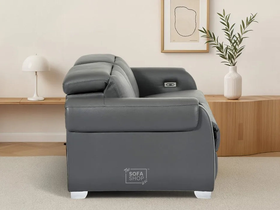 3 Seater Real Leather Recliner Sofa In Grey | Hi-Tech Sofa with Massage, USB Ports & Power Headrest | Turin