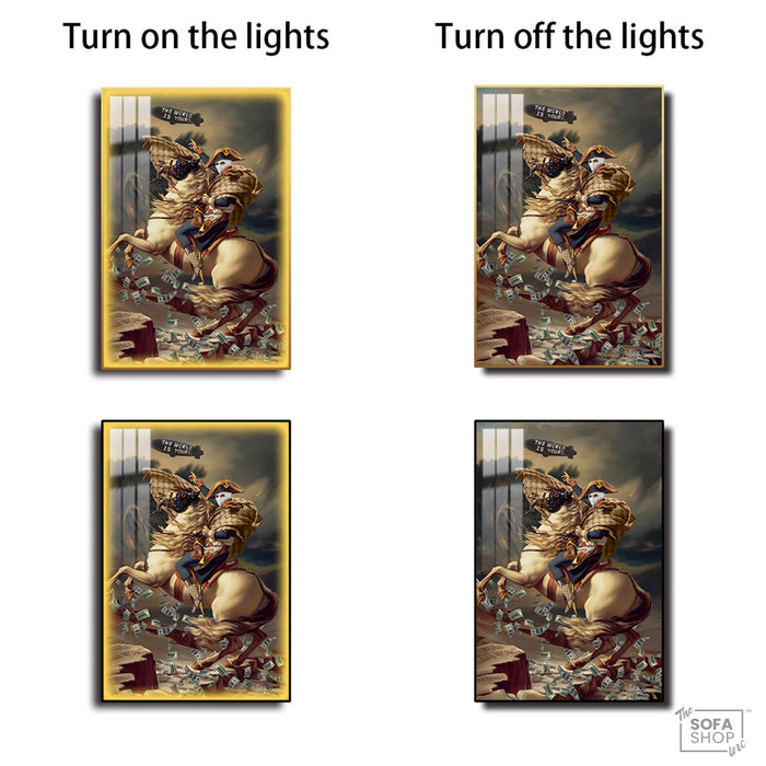 LED Conquest Canvas 100 x 150 cm Vertical | The World Is Yours Horse & Rider Wall Art With Adjustable LED Backlighting + Crystal-Porcelain Finish + Gold Or Black Frame | The Sofa Shop