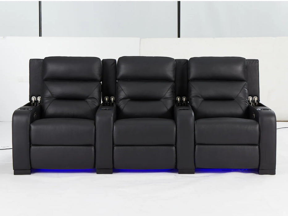 3 Seat Electric Recliner Home Cinema Theatre Sofa | Real Leather Couch in Black with Power Reclining, Power Headrests, LED Cup Holders & Storage Arms - 24