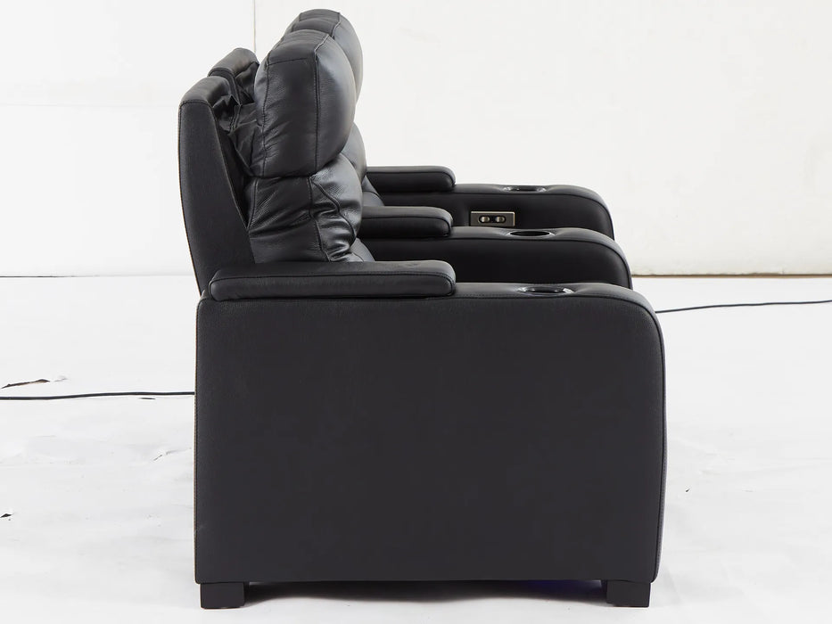 2 Seat Electric Recliner Home Cinema Theatre Sofa | Real Leather Couch In Black + LED Lights + LED Cupholders + Storage - Trapani - 26