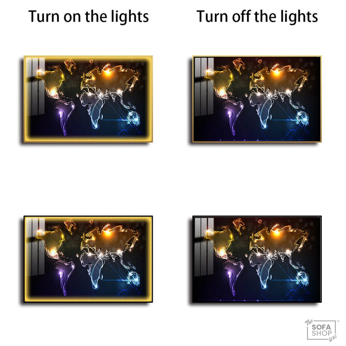 Illuminated World Map LED Canvas 150 x 100 cm | Neon Map Wall Art With Adjustable LED Backlighting + Crystal-Porcelain Finish + Gold Or Black Frame | The Sofa Shop