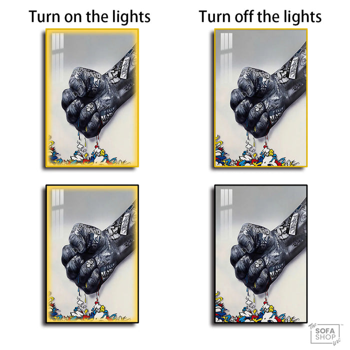 Graffiti Fist LED Canvas 100 x 150 cm Vertical | Urban Street Art With Adjustable LED Backlighting + Crystal-Porcelain Finish + Gold Or Black Aluminium Frame | The Sofa Shop