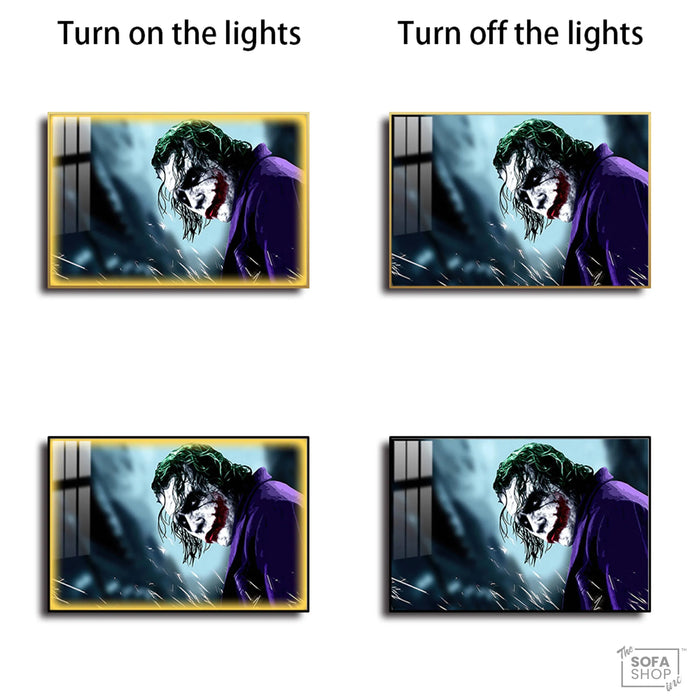 LED Joker Portrait Canvas 150 x 100 cm | Glow In The Dark Wall Art With 3 Lighting Modes + Crystal-Porcelain Finish + Gold Or Black Aluminium Frame | The Sofa Shop