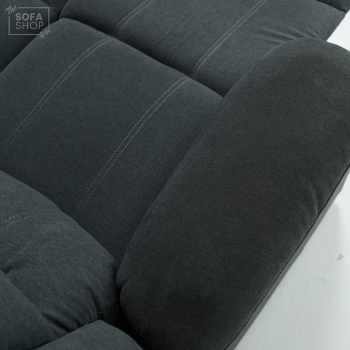 2 Seater Manual Recliner Sofa in Dark Grey Fabric | Worn Armrests | Sortino | Second Hand Sofas SH01