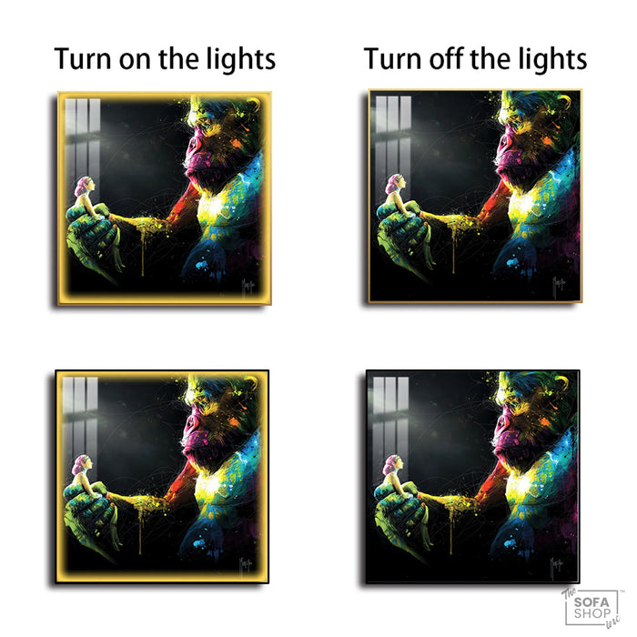 Gorilla Canvas Wall Art LED 100 x 100 cm | Emotional Street-Style Print With Bold Detail + Remote-Controlled LED Frame + Crystal-Porcelain Finish + Gold Or Black Frame | The Sofa Shop