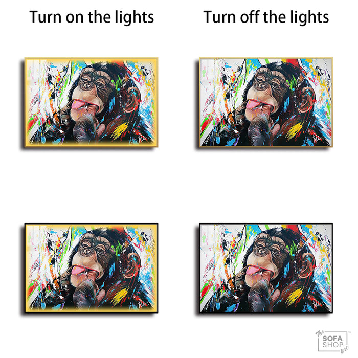 Colourful Chimp LED Canvas 150 x 100 cm | Graffiti Monkey Wall Art With Concealed LED Backlighting + Crystal-Porcelain Finish + Gold Or Black Frame | The Sofa Shop