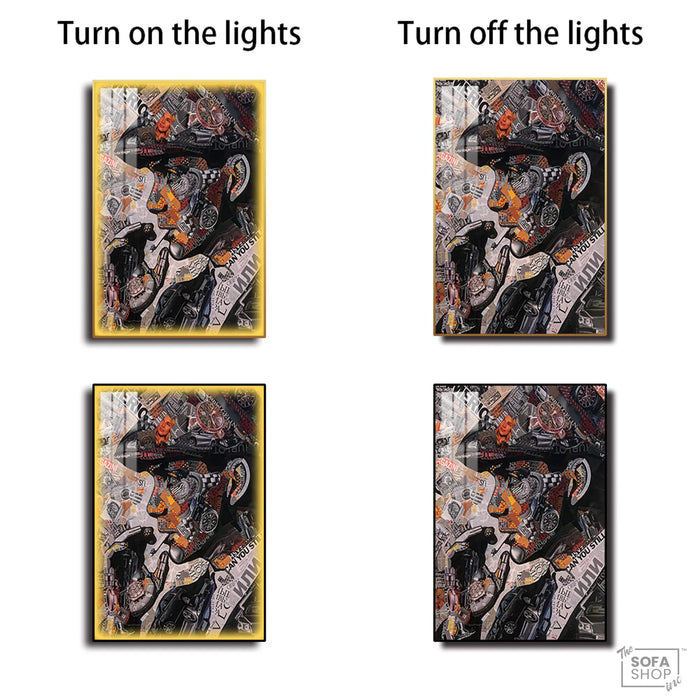 Tommy Shelby Collage LED Canvas | Vertical: Peaky Blinders Art Work 100×150 cm | LED-Illuminated Crystal-Porcelain Painting, Gold/Black Frame | The Sofa Shop