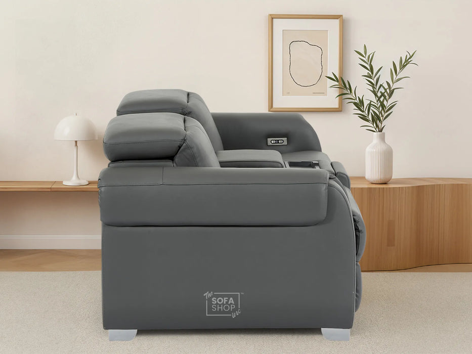 2 Seater Real Leather Electric Recliner Sofa | Cinema Sofa | Hi-Tech Sofa in Grey with Massage, Middle Console, Adjustable Headrests & USB | Turin