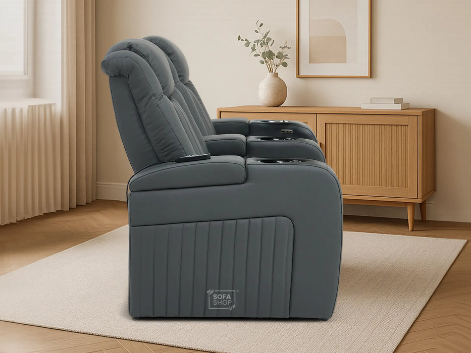 2 Seater Real Leather Power Recliner Smart Cinema Sofa | Grey Couch with Massage, Arm Storage, and Adjustable Headrest | Capri | The Sofa Shop