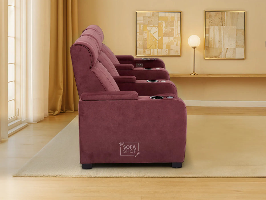 3 Seater Reclining Sofa with Electric Mechanism, Massage, USB Ports, Cup Holders, Storage Boxes & LED Lights | Purple Velvet Sofa | Rimini | The Sofa Shop