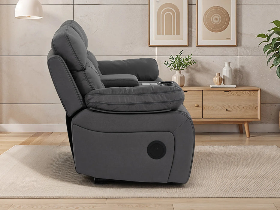 2 Seater Electric Recliner Cinema Sofa in Grey Fabric | Hi-Tech Cinema Seats with Console, Power Headrest, Power Recliner, Bluetooth, Socket Set, Storage Drawer, USB & Wireless Charging | Sicily