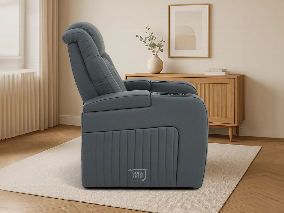 Real Leather Recliner Chair & Cinema Seat in Grey | Electric Armchair with Massage, LED Cup Holders, Table & USB Ports | Capri