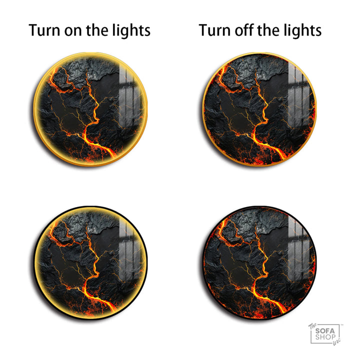 Volcanic Wall Art Round LED Canvas 100 cm | Lava-Inspired Feature Piece With Flickering LED Glow + Remote Control + Crystal-Porcelain Gloss + Gold Or Black Frame | The Sofa Shop