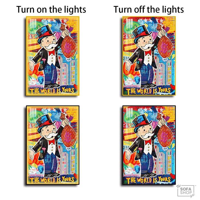 Monopoly Man LED Canvas | The World Is Yours | 100×150 cm LED-Illuminated Crystal-Porcelain Painting, Gold/Black Frame | The Sofa Shop