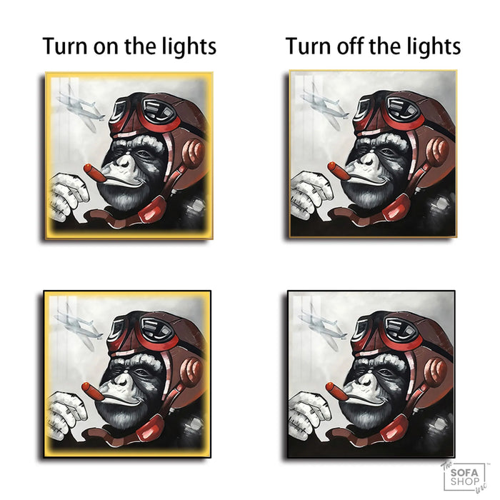 Monkey Pilot LED Canvas 100 x 100 cm | Retro Pop Wall Art With Remote-Controlled LED Frame + Crystal-Porcelain Finish + Gold Or Black Aluminium Frame | The Sofa Shop