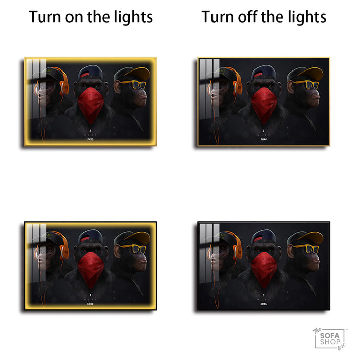 Urban Chimpanzee Trio LED Canvas 150 x 100 cm | Street-Style Monkey Wall Art With 3 Brightness Modes + Crystal-Porcelain Finish + Gold Or Black Frame | The Sofa Shop