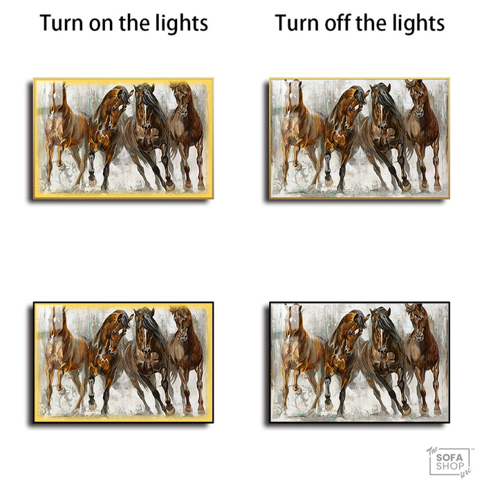Abstract Horse Painting LED Canvas 150 x 100 cm | Equine Wall Art With Concealed LED Backlighting + Crystal-Porcelain Finish + Gold Aluminium Frame | The Sofa Shop