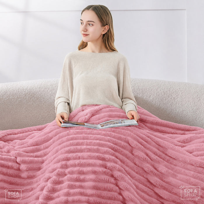 Ultra Chunky Striped Fur Throw Blanket - Hot Pink | 150 x 200cm | Fluffy Warm Cosy Throw with Ultra-Soft Fleece + Machine Washable Care – Boston | Bed, Sofa, Couch Blanket | The Sofa Shop