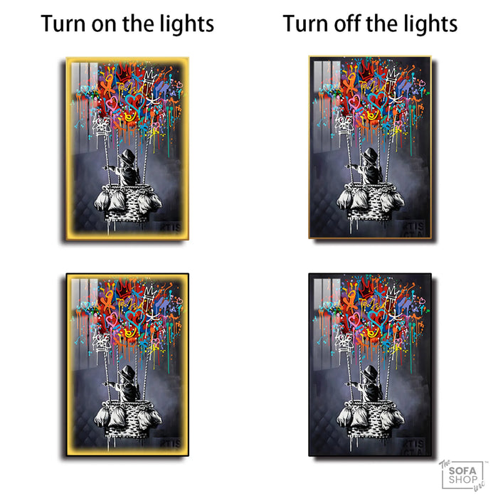 Dream Balloon LED Canvas 100 x 150 cm Vertical | Graffiti Hot Air Balloon Wall Art With Adjustable LED Glow + Crystal-Porcelain Finish + Gold Or Black Frame | The Sofa Shop