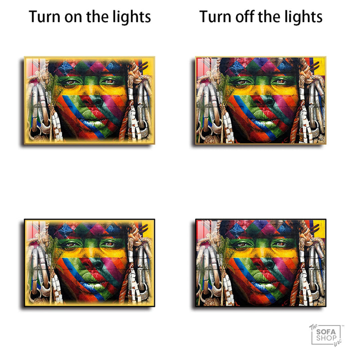 LED-Enhanced African Woman Portrait Canvas | Horizontal LED Canvas 150×100 cm | Crystal-Porcelain Horizontal Painting, Gold / Black Frame | The Sofa Shop